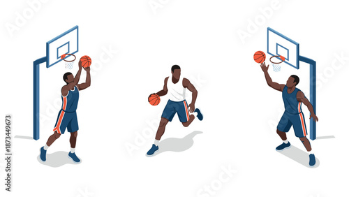 Dynamic isometric basketball players: vibrant sports action and energetic poses