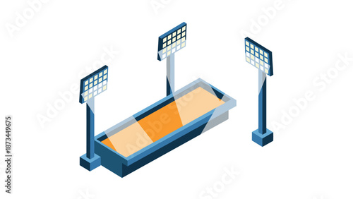 Isometric soccer stadium bench with floodlights on white background