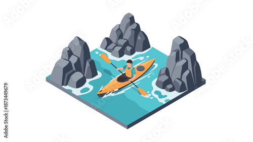 Isometric adventure: kayaking through rocky waters in a vibrant scene