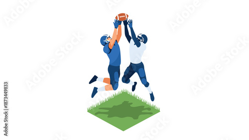 Dynamic football players in mid-air catch on geometric grass field