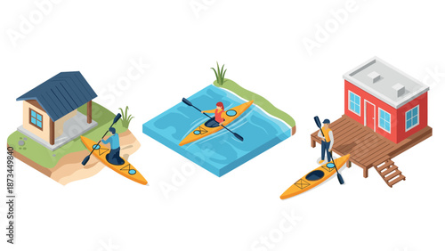 Isometric kayaking adventure: paddlers exploring different waterfront scenarios