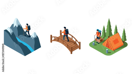 Outdoor adventure activities: mountain climbing, bridge crossing, camping