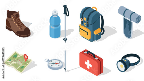 Isometric hiking gear: boots, backpack, map, and more for outdoor adventures