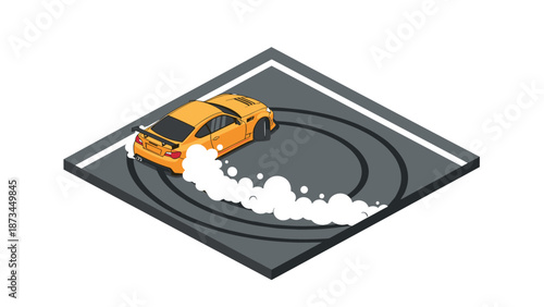 Isometric racing car performing drift on track with smoke effect
