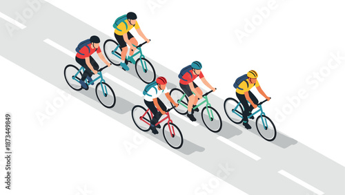 Group of cyclists on road in isometric style with shadows