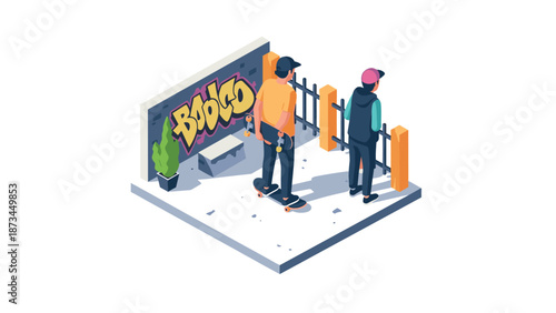 Urban youth culture: isometric skateboarding scene with graffiti in modern cityscape