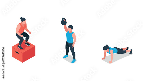 Three isometric fitness exercises: box jump, kettlebell lift, plank pose