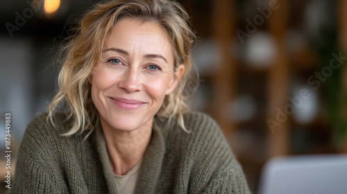 Smiling woman on video conference call for remote work and communication
