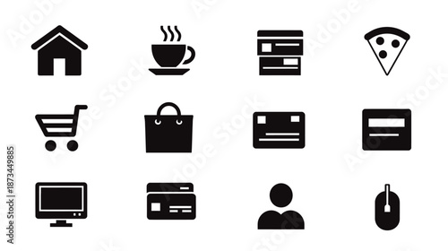 Black and White Vector Icon Set for E-commerce, Online Shopping, Payment, and Digital Services