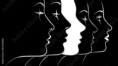 Stylized graphic illustration of multiple female faces in profile, exploring identity, introspection, and individuality.