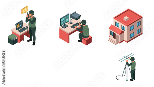 Isometric military communication scene with soldier, computer, and building