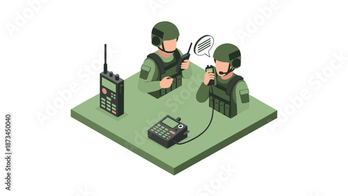 Isometric military communication scene with soldiers and radio equipment on green platform