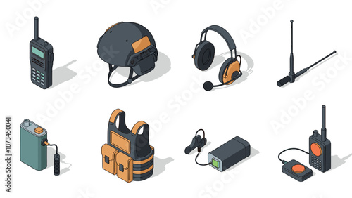 Isometric tactical equipment set: helmet, radio, headset, and more