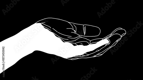 Minimalist open hand silhouette with palm up, offering or receiving. High contrast black and white graphic outline, isolated gesture.