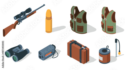 Hunting and tactical gear in isometric style with rifle, binoculars, and bulletproof vests