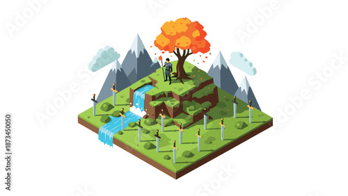 Autumn isometric landscape with swords, waterfall, mountains, and tree