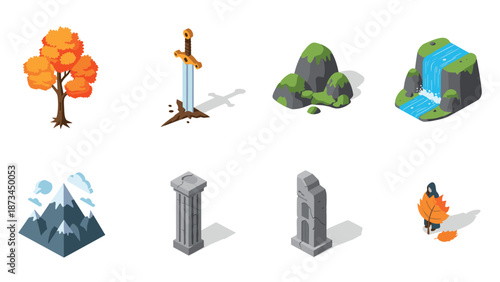 Isometric fantasy elements: sword, trees, waterfall, and ruins