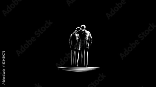 Black and white illustration: Two men in suits, one comforting the other. Symbolic of support, friendship, and solidarity.