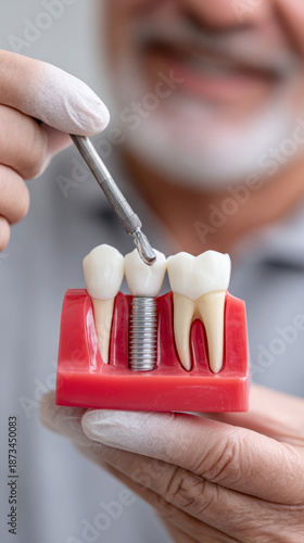 Dentist demonstrating dental implant insertion with torque wrench