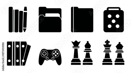 Creative Black Silhouette Vector Icons: Office Documents, Folders, Books, Game Controller, Chess Pieces & Dice for Design.