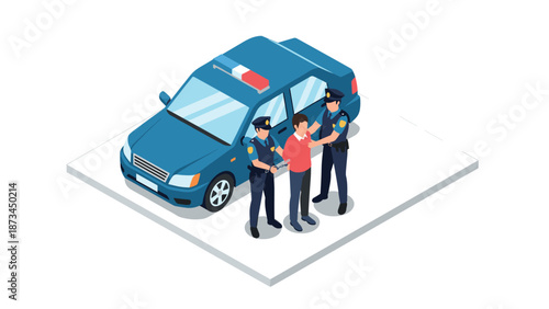 Police officers arresting suspect near patrol car in isometric style