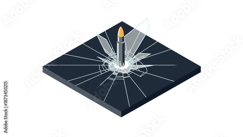 Isometric rocket launch with cracked glass effect on dark platform