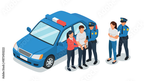 Police officers arresting suspects near patrol car in isometric style