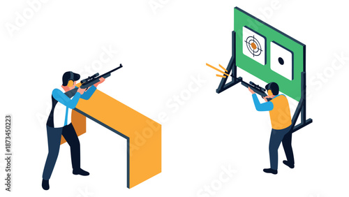 Isometric shooting range with shooters aiming at targets and practice stand
