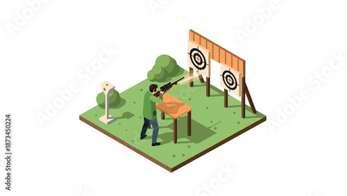 Isometric shooting range scene with target practice on outdoor field