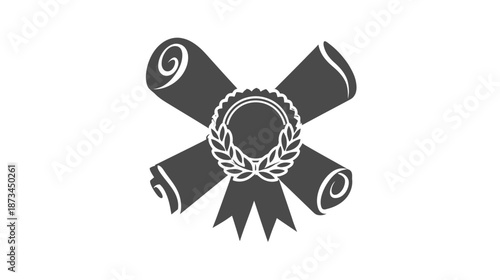 Educational achievement concept with crossed scrolls, laurel wreath, and award ribbon. Symbolizing diploma, certification, and success.