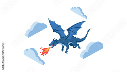 Flying cartoon dragon breathing fire among clouds in playful art style
