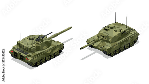 Isometric military tanks in camouflage with detailed design and perspective view