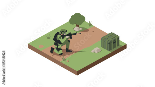 Isometric soldier in tactical gear aiming on terrain block with supply crate
