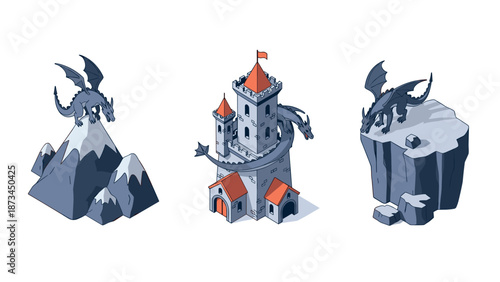 Fantasy dragons and castle with medieval architecture: isometric artwork in blue and orange tones