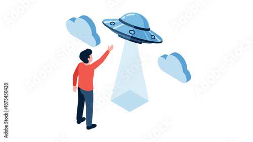 Modern isometric ufo encounter with man reaching out surrounded by clouds