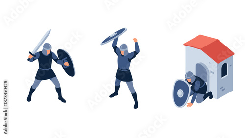 Medieval warriors and fortress scene in isometric style