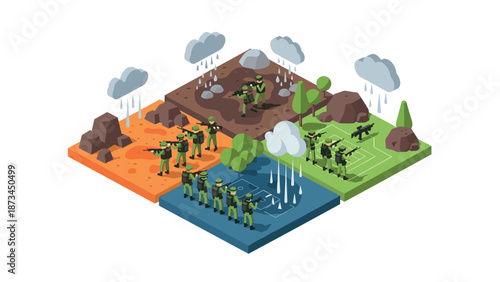 Isometric military training in varied terrain conditions with soldiers and rain