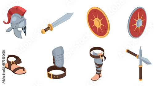 Isometric ancient roman armor and weapons collection