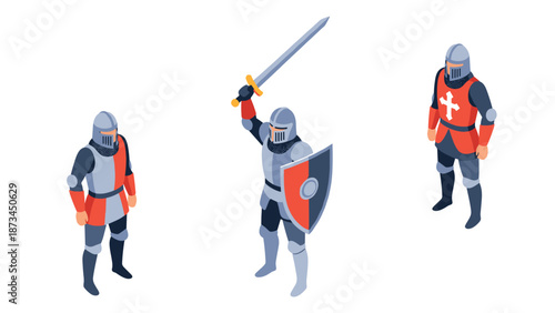 Isometric medieval knights in armor with sword and shield on white background