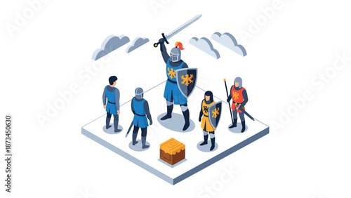 Medieval knights gathering in isometric style with shield and sword