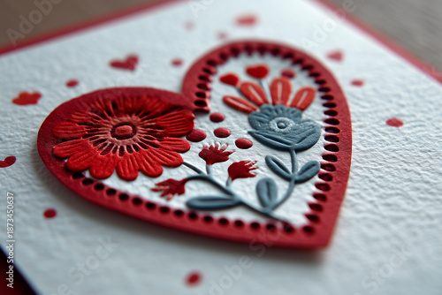 A white textured greeting card featuring a delicate heart shape composed of red folk-style floral patterns and botanical illustrations.