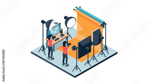 Isometric photography studio setup with lighting and equipment