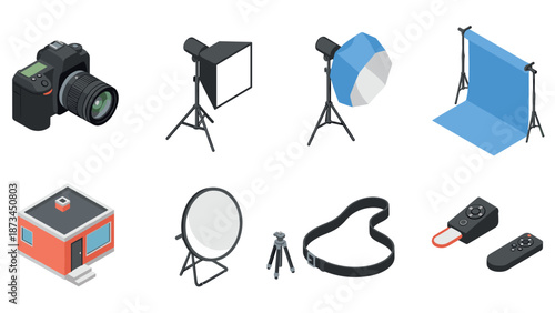 Isometric photography studio equipment set featuring camera, lighting, and accessories