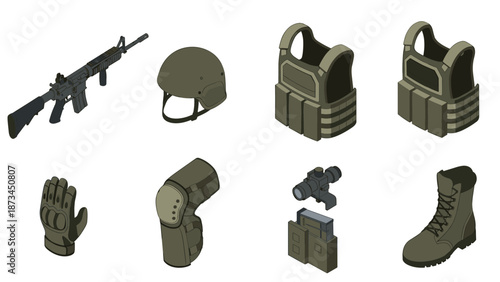 Isometric military gear: tactical helmet, gun, armor, gloves, and boots