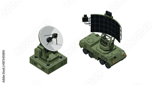 Isometric military radar and satellite dish on white background