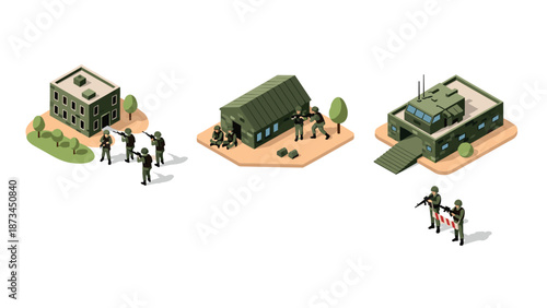 Isometric military training exercises with soldiers and army buildings