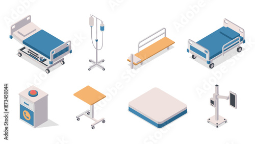Hospital equipment isometric set featuring bed, iv stand, medical instruments