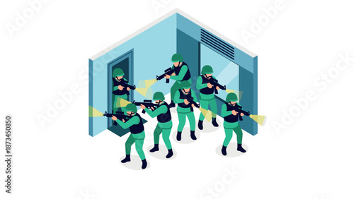 Isometric tactical team in action during military training exercise