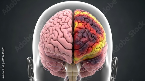Human brain anatomy, medical concept illustrating traumatic injury, cerebral damage, neurological disorder, disease pathology, healthcare science, anatomical model, 