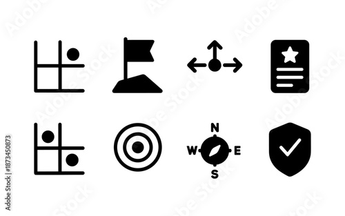 Collection of business and strategy icons including tic tac toe, flag, compass, and shield